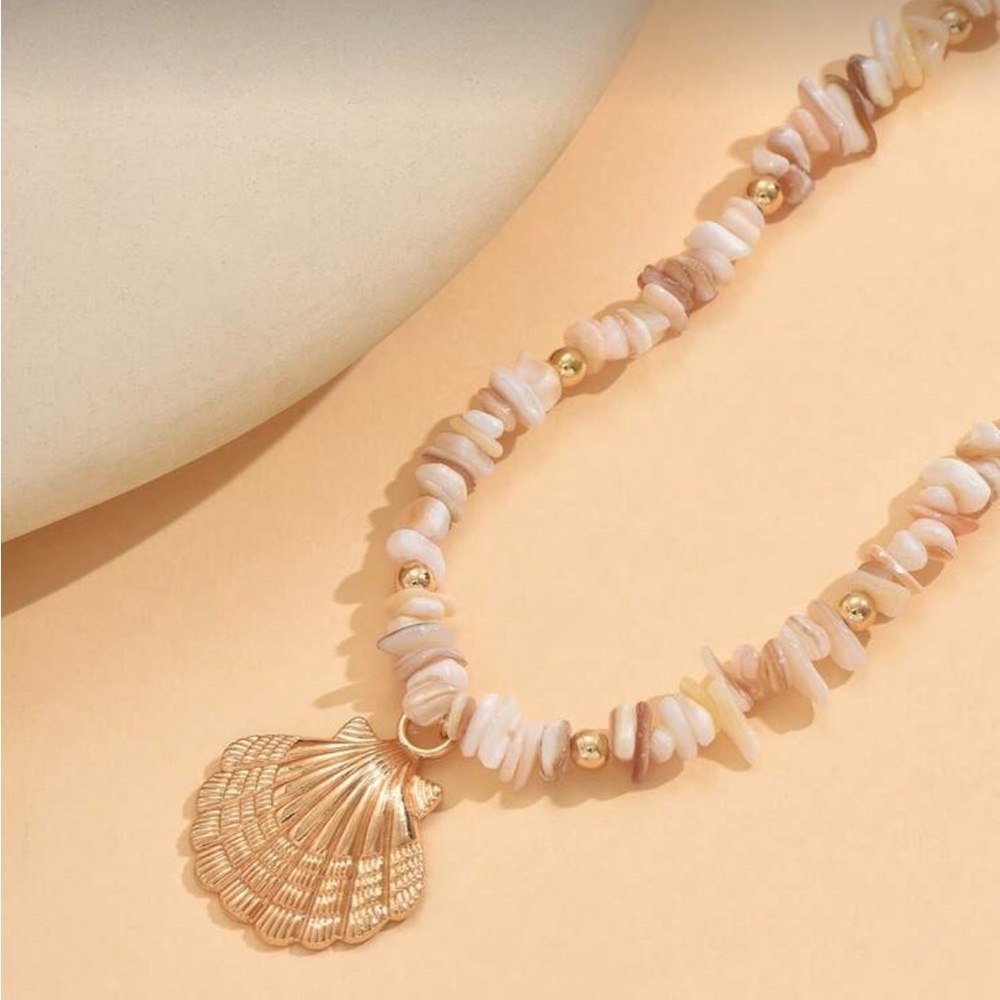 Natural Stone Bead Necklace, Boho Style Metal Seashell Pendant - Picture 2 of 9